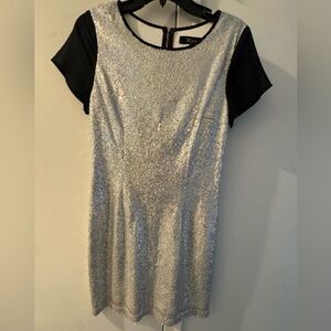 Glamorous Silver Sequin Dress with Black Sleeves